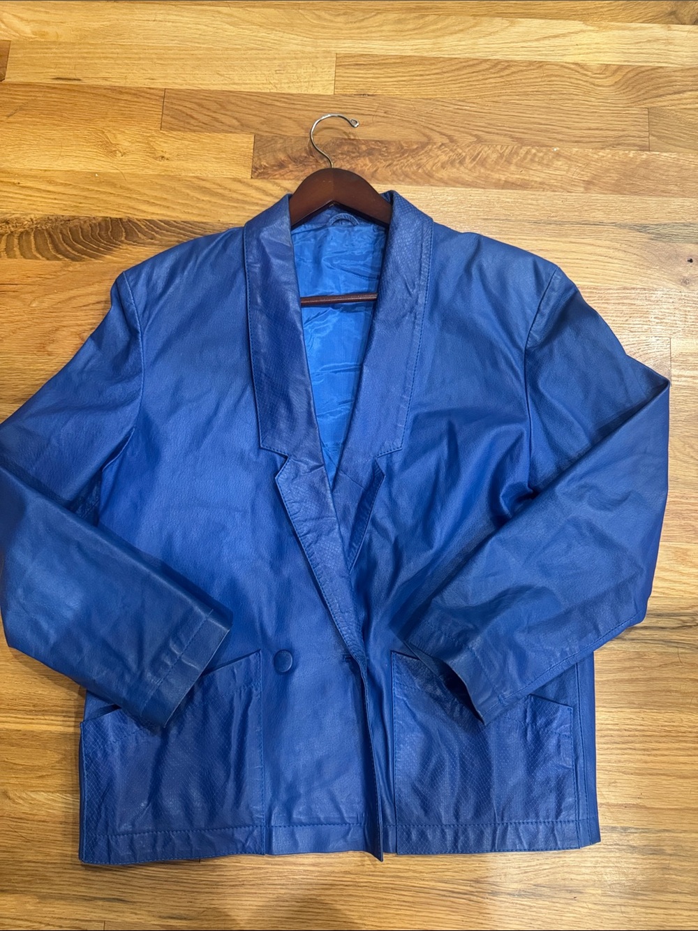 Vintage European Blue Leather Blazer Lined with Viscose-38